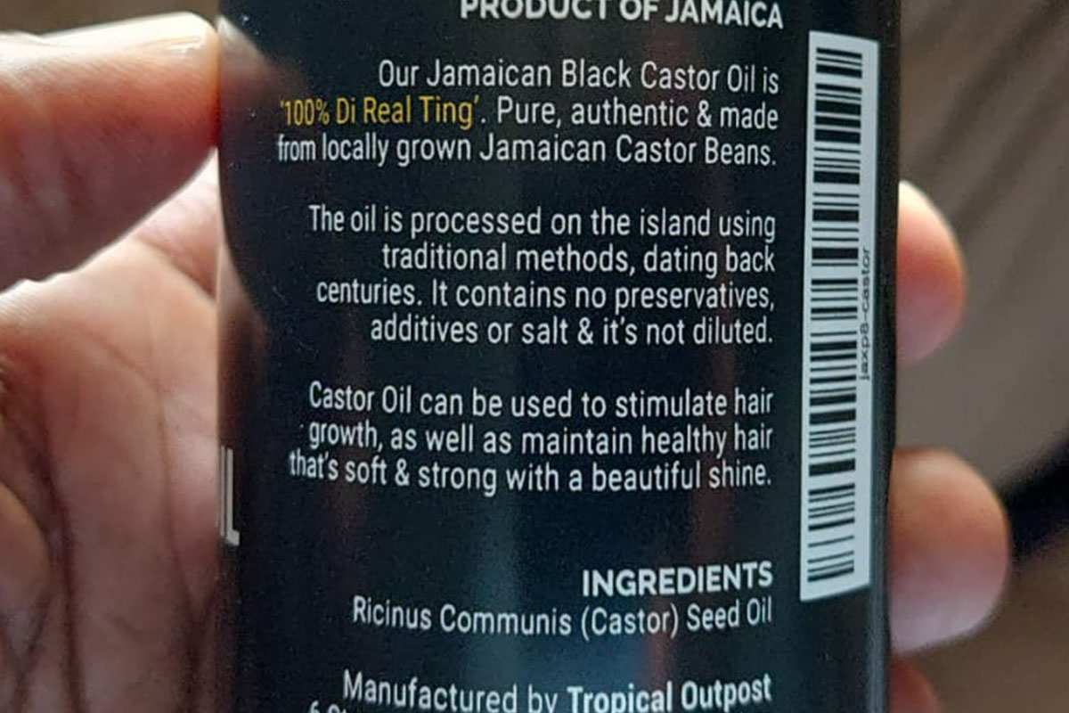 A bottle showing authentic Jamaican Black Castor Oil ingredients